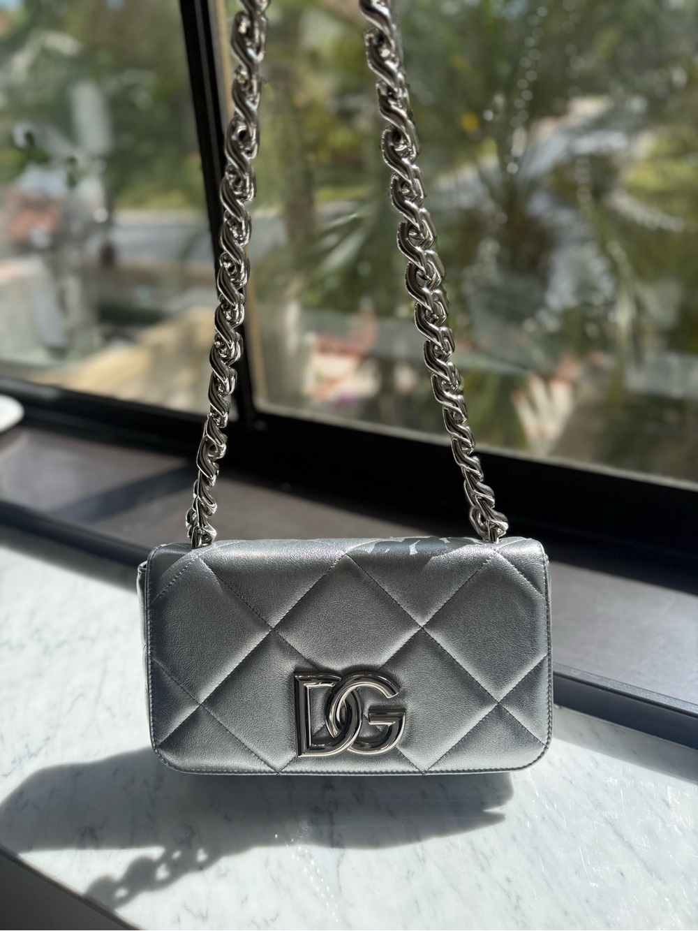 Tags & card - Dolce & Gabbana Silver Quilted Leather Shoulder Bag with Chain